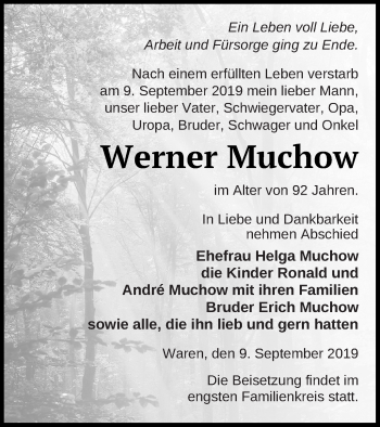 Traueranzeige von Werner Muchow von Müritz-Zeitung