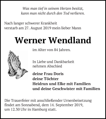 Traueranzeige von Werner Wendland von Prenzlauer Zeitung