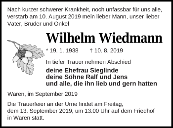 Traueranzeige von Wilhelm Wiedmann von Müritz-Zeitung