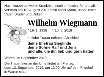 Traueranzeige von Wilhelm Wiegmann von Müritz-Zeitung