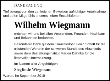 Traueranzeige von Wilhelm Wiegmann von Müritz-Zeitung