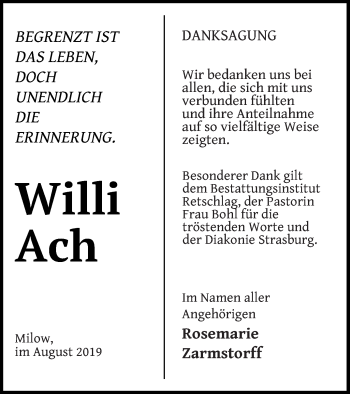 Traueranzeige von Willi Ach von Pasewalker Zeitung