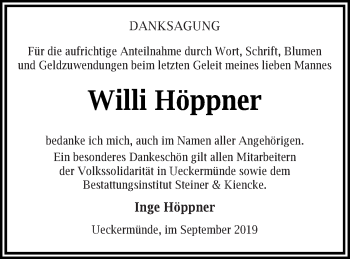 Traueranzeige von Willi Höppner von Haff-Zeitung