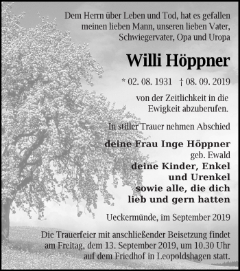 Traueranzeige von Willi Höppner von Haff-Zeitung