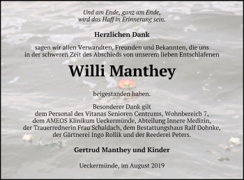 Traueranzeige von Willi Manthey von Haff-Zeitung