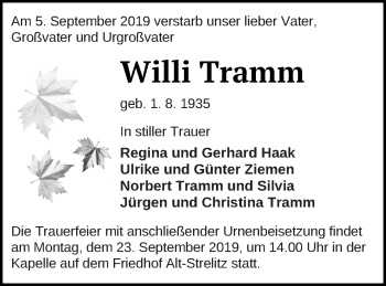 Traueranzeige von Willi Tramm von Strelitzer Zeitung