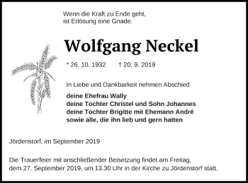 Traueranzeige von Wolfgang Neckel von Mecklenburger Schweiz