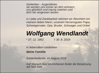 Traueranzeige von Wolfgang Wendlandt von Neubrandenburger Zeitung