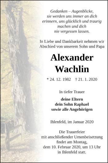 Traueranzeige von Alexander Wachlin von Neubrandenburger Zeitung