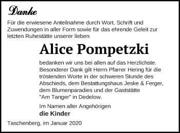 Traueranzeige von Alice Pompetzki von Prenzlauer Zeitung