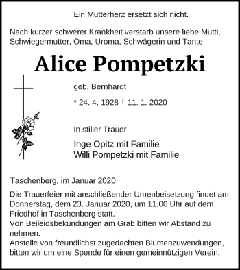 Traueranzeige von Alice Pompetzki von Prenzlauer Zeitung