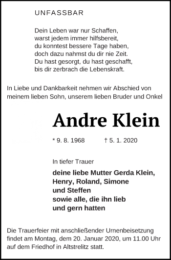 Traueranzeige von Andre Klein von Strelitzer Zeitung