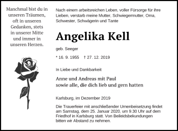 Traueranzeige von Angelika Kell von Vorpommern Kurier