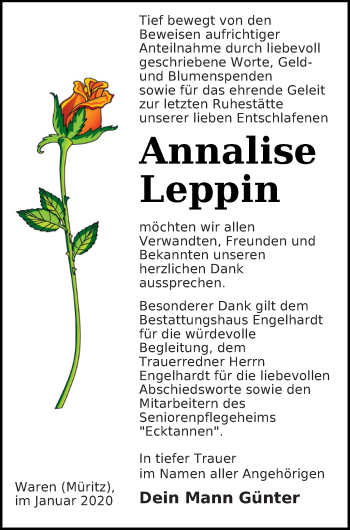 Traueranzeige von Annalise Leppin von Müritz-Zeitung