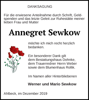 Traueranzeige von Annegret Sewkow von Haff-Zeitung