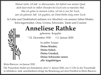 Traueranzeige von Anneliese Rathke von Vorpommern Kurier