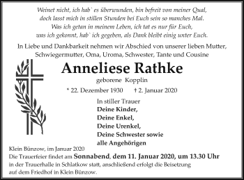 Traueranzeige von Anneliese Rathke von Vorpommern Kurier