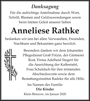 Traueranzeige von Anneliese Rathke von Vorpommern Kurier