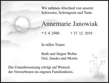 Traueranzeige von Annemarie Janowiak von Norddeutsche Neueste Nachrichten