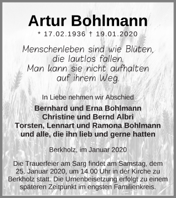 Traueranzeige von Artur Bohlmann von Templiner Zeitung