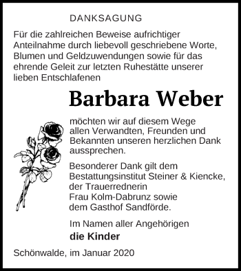 Traueranzeige von Barbara Weber von Pasewalker Zeitung