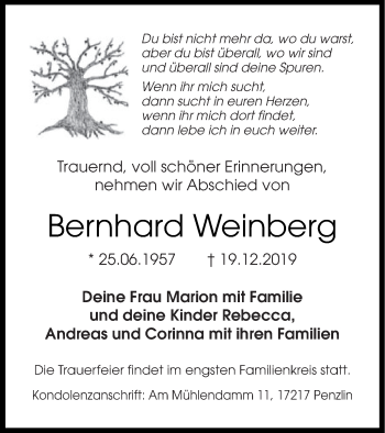 Traueranzeige von Bernhard Weinberg von Müritz-Zeitung