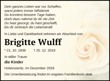 Traueranzeige von Brigitte Wulff von Strelitzer Zeitung