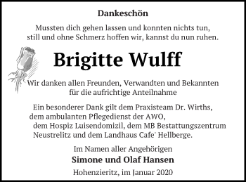 Traueranzeige von Brigitte Wulff von Strelitzer Zeitung