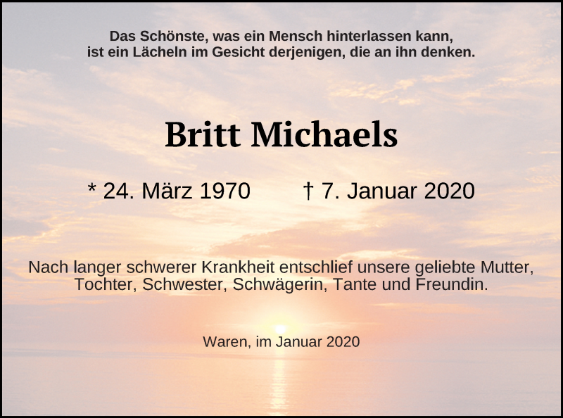  Traueranzeige für Britt Michaels vom 10.01.2020 aus Müritz-Zeitung
