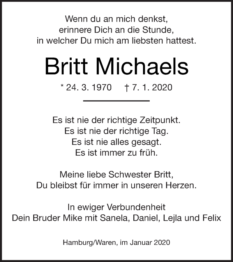  Traueranzeige für Britt Michaels vom 11.01.2020 aus Müritz-Zeitung