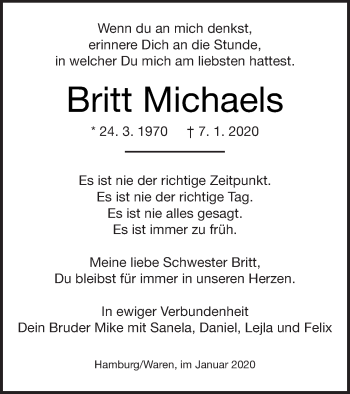 Traueranzeige von Britt Michaels von Müritz-Zeitung