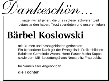 Traueranzeige von Bärbel Koslowski von Müritz-Zeitung