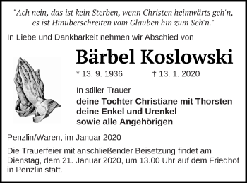 Traueranzeige von Bärbel Koslowski von Müritz-Zeitung