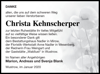 Traueranzeige von Christa Kehnscherper von Strelitzer Zeitung