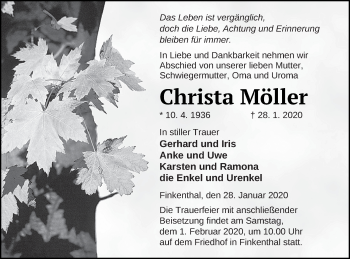 Traueranzeige von Christa Möller von Mecklenburger Schweiz