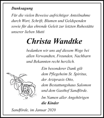 Traueranzeige von Christa Wandtke von Haff-Zeitung