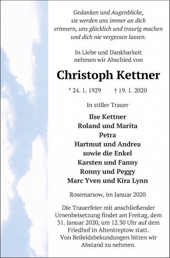 Traueranzeige von Christoph Kettner von Neubrandenburger Zeitung