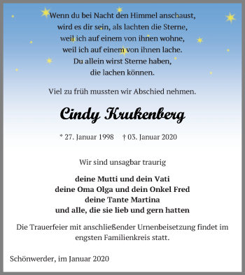 Traueranzeige von Cindy Krukenberg von Prenzlauer Zeitung