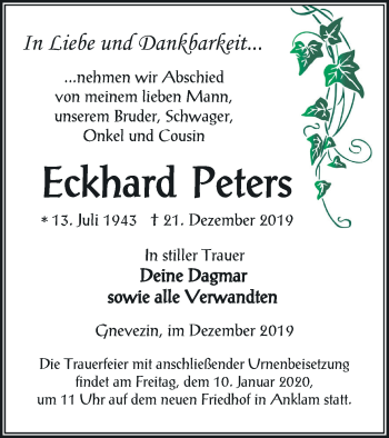 Traueranzeige von Eckhard Peters von Vorpommern Kurier