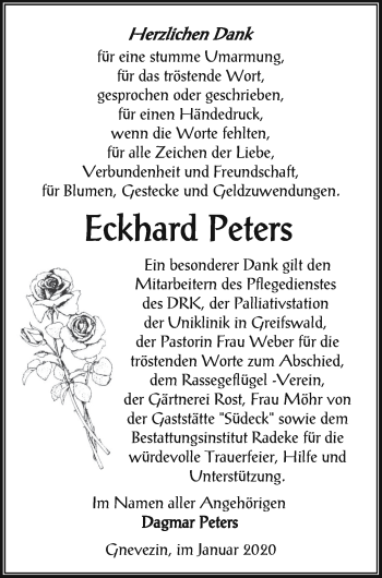 Traueranzeige von Eckhard Peters von Vorpommern Kurier