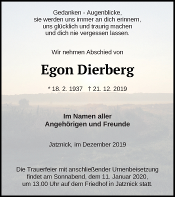 Traueranzeige von Egon Dierberg von Pasewalker Zeitung