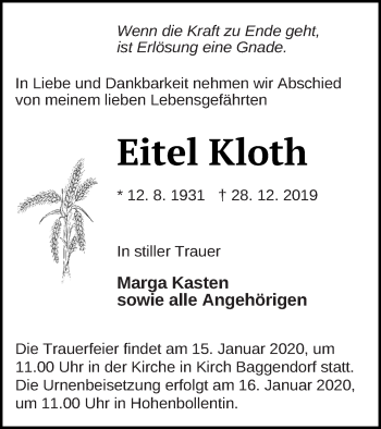 Traueranzeige von Eitel Kloth von Demminer Zeitung