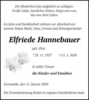 Traueranzeige von Elfriede Hannebauer von Templiner Zeitung