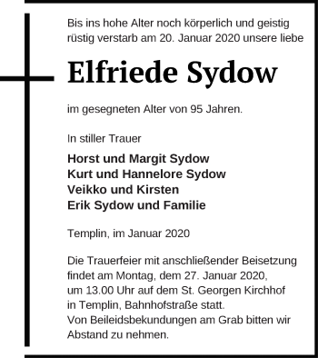 Traueranzeige von Elfriede Sydow von Templiner Zeitung