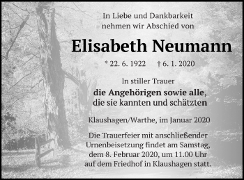 Traueranzeige von Elisabeth Neumann von Templiner Zeitung