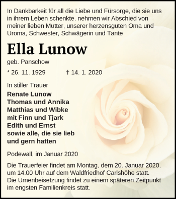 Traueranzeige von Ella Lunow von Vorpommern Kurier