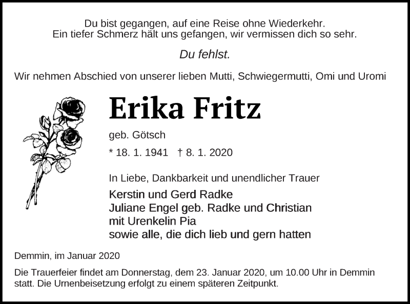  Traueranzeige für Erika Fritz vom 14.01.2020 aus Demminer Zeitung