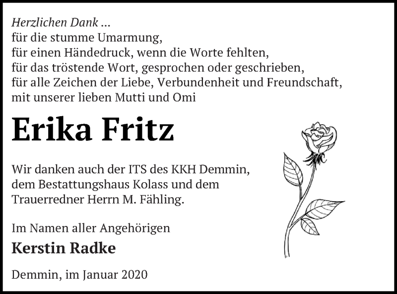  Traueranzeige für Erika Fritz vom 29.01.2020 aus Demminer Zeitung