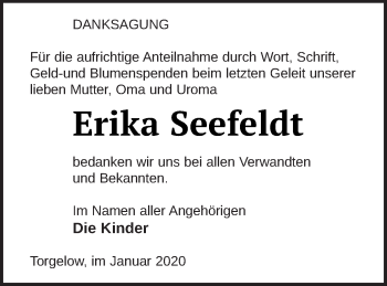 Traueranzeige von Erika Seefeldt von Vorpommern Kurier