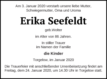 Traueranzeige von Erika Seefeldt von Vorpommern Kurier